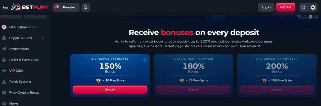 BetFury Casino's updated 2025 welcome bonus brings you up to 590% on three initial deposits plus 225 FS
