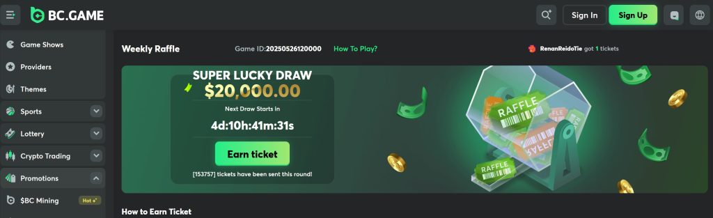 BC Game weekly raffle with tickets from playing slots.