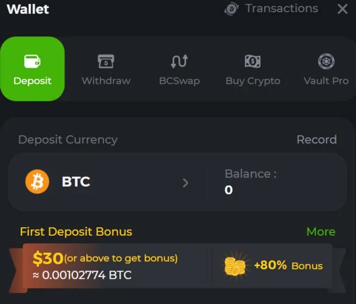 Depositing crypto to BC Game Casino's wallet