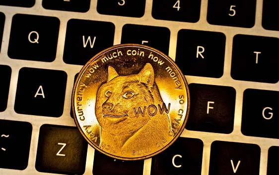Illustration of Dogecoin token and gambling
