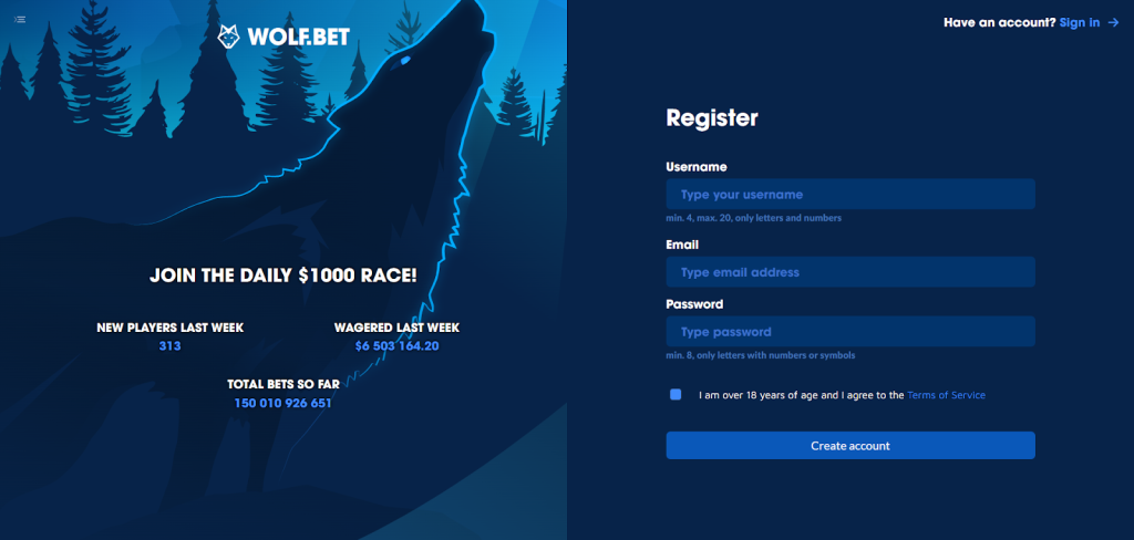 Wolf.bet, no kyc needed casino, just email and password!