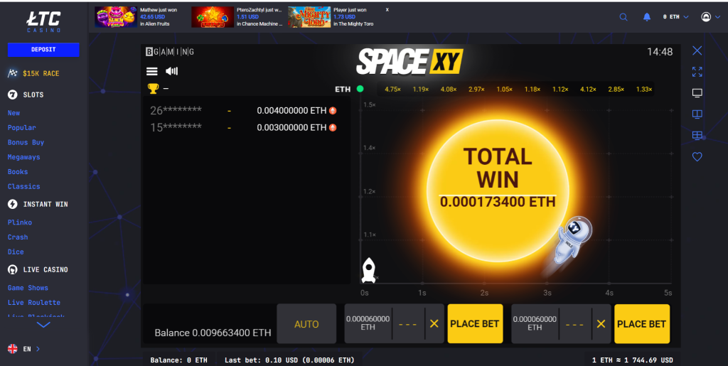 SpaceXY Crash Game on LTC Casino
