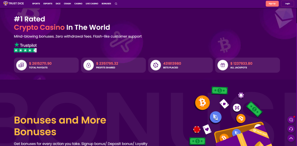 Homepage of the TrustDice casino