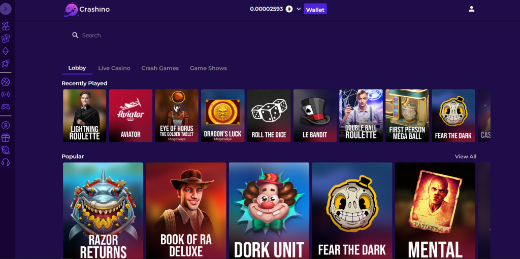 Crashino Casino home page and layout