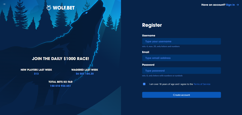 WolfBet Casino registration page and offers