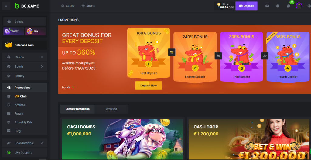 BC Game Casino's layout and bonus offers