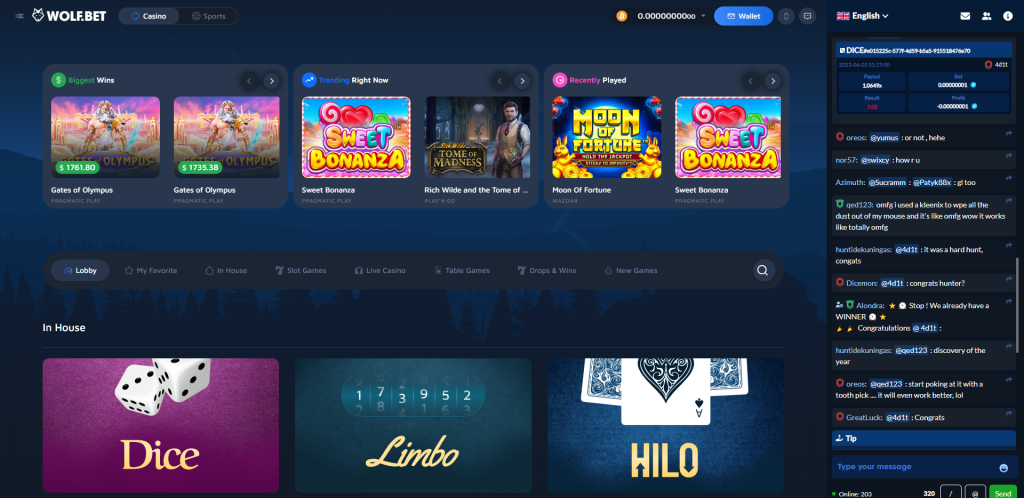 Layout and games at WolfBet Casino 