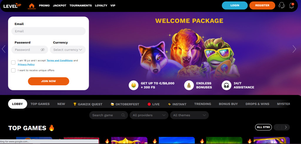 LevelUp Casino layout and homepage