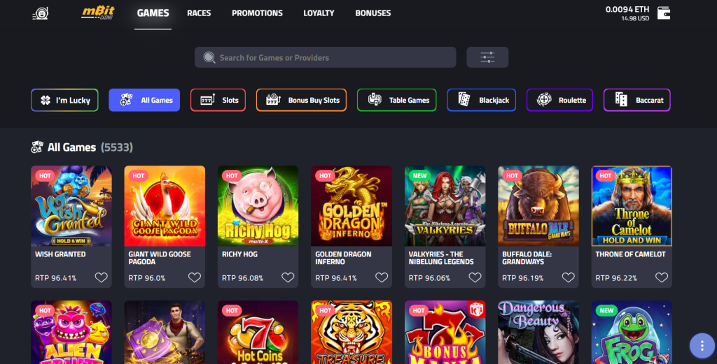 mBit Casino homepage and layout