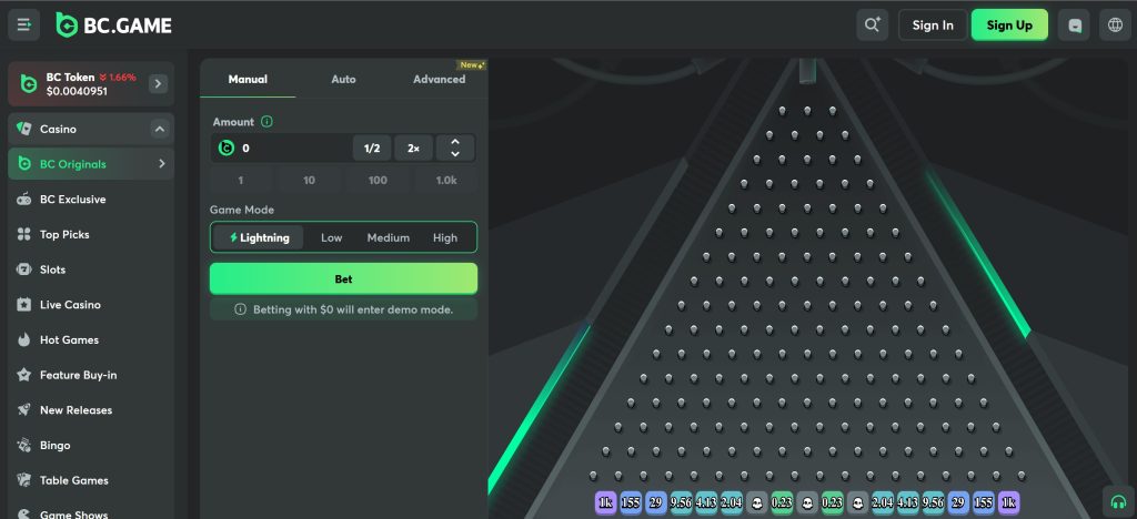 BC Game offers an original Plinko game with a x1,000 max win potential