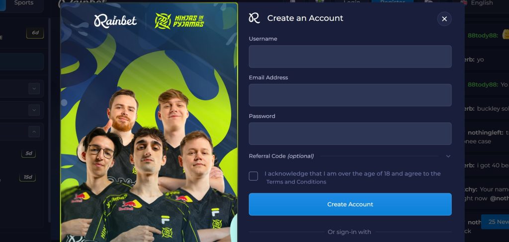 Registration form at Rainbet requires your username, email, and password