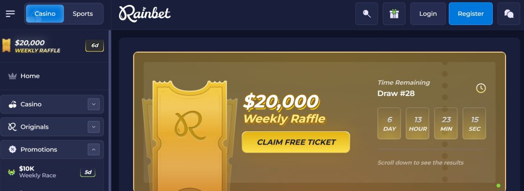 Weekly raffles at Rainbet award you with up to $20,000 in weekly prize pools