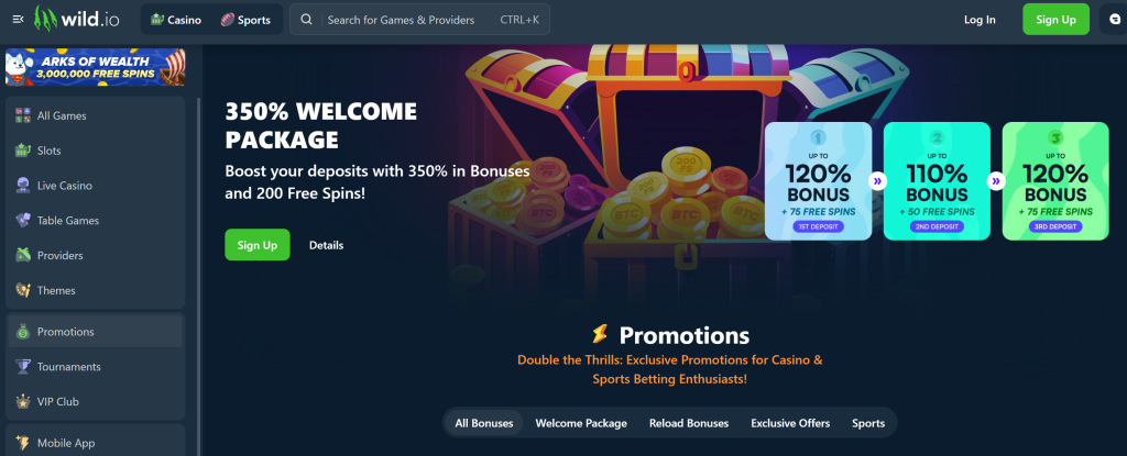USDT Casinos like Wild.io offer sign-up packages of up to 350% and 200 FS on registration