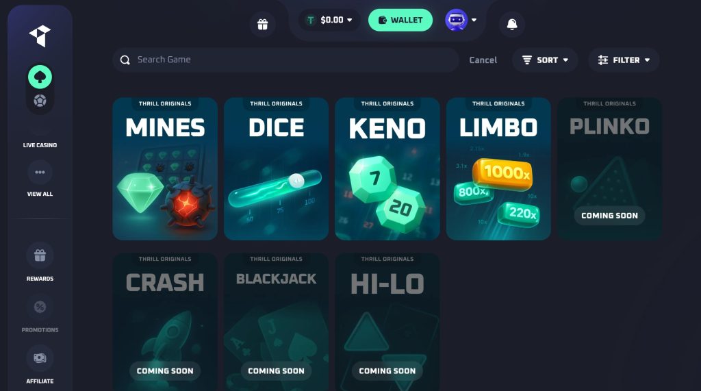 Thrill already features 8 original games like Plinko, Keno, Dice, and Mines, with more to come