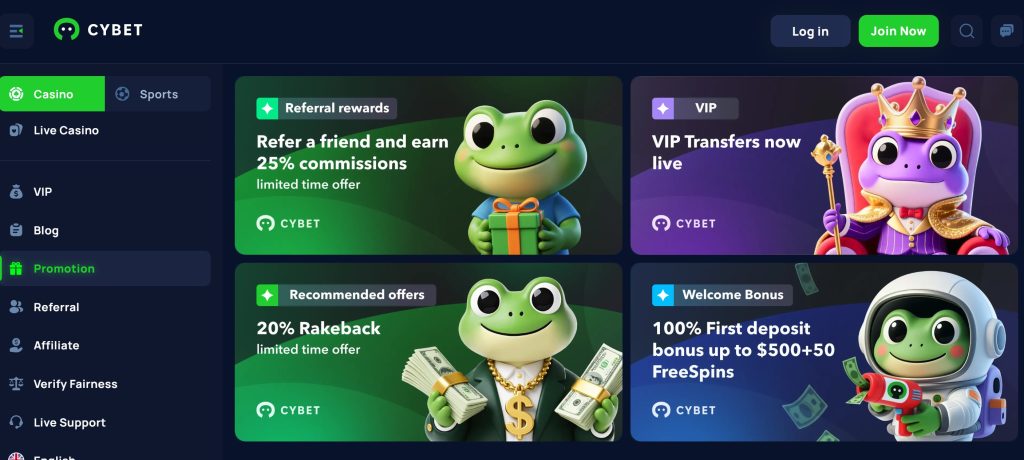 Cybet offers limited-time bonuses like cashback and referral rewards, as well as readily-available deposit and VIP bonuses 