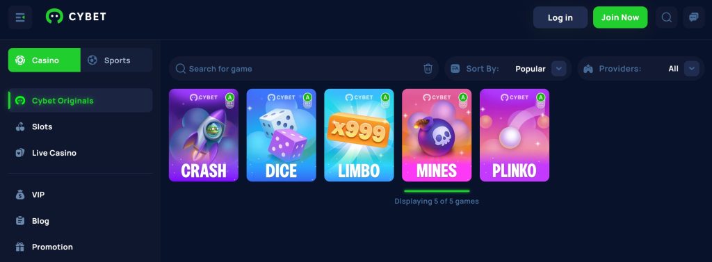 Cybet offers 5 original games, including Crash, Dice, Mines, Limbo, and Plinko