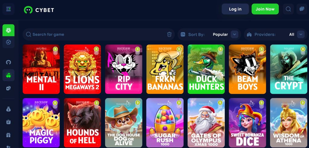 Online slots at Cybet include over 700 titles from major providers like Hacksaw, Pragmatic Play, and NoLimitCity