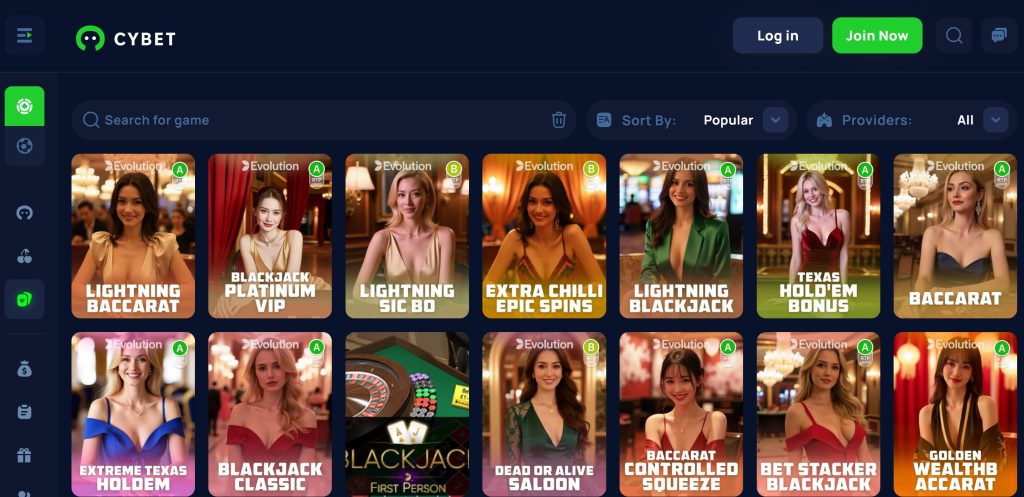 Live dealer games at Cybet are provided by Evolution Gaming and offer various options, from roulette to blackjack and game shows 