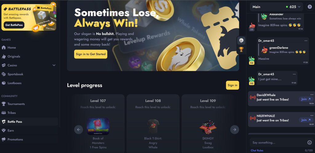 The BattlePass promo at Whale.io offers remarkable winning opportunities through level-ups and the "Tribes" feature