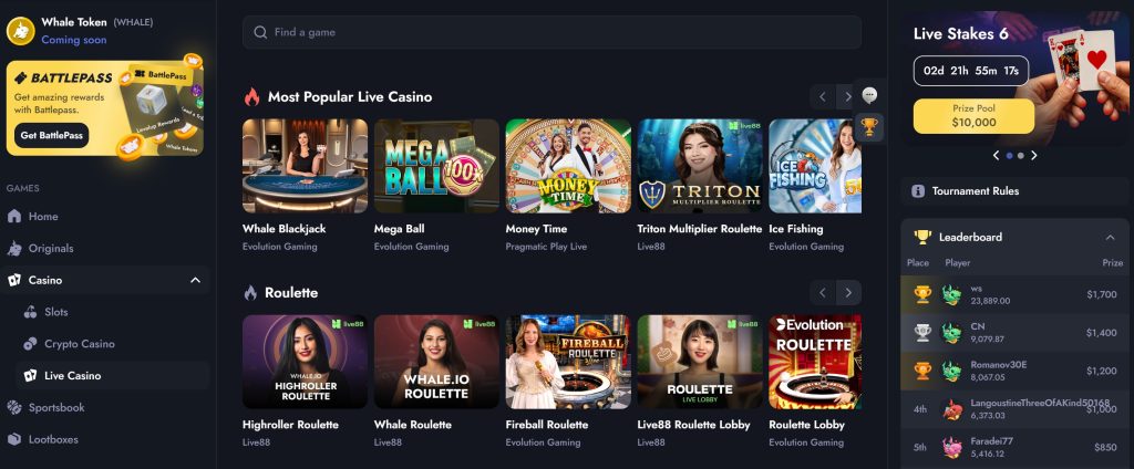 The live dealer lobby at Whale.io is powered by Live88 and Evolution Gaming