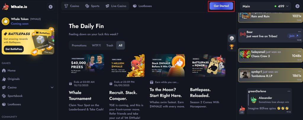 Whale.io registration starts with the click of the "Get Started" button
