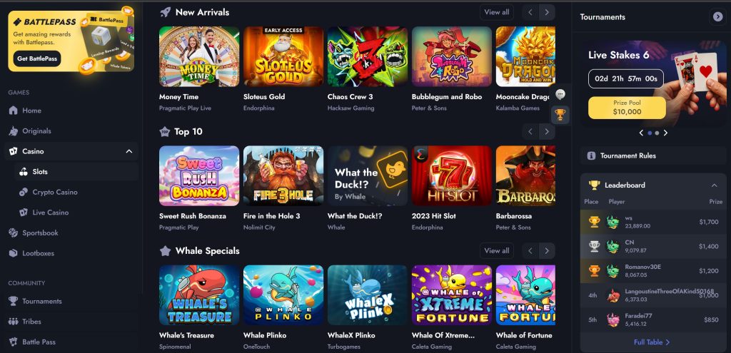 With a slot selection counting over 4,000 titles, Whale.io ranks at the very top of the crypto gambling pyramid