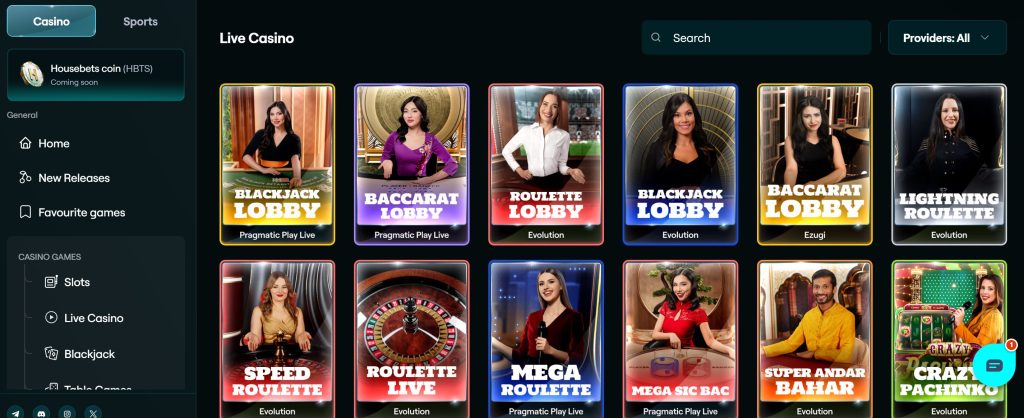 Live casino lobby at Housebets is supplied by industry's biggest providers like Evolution Gaming and Ezugi