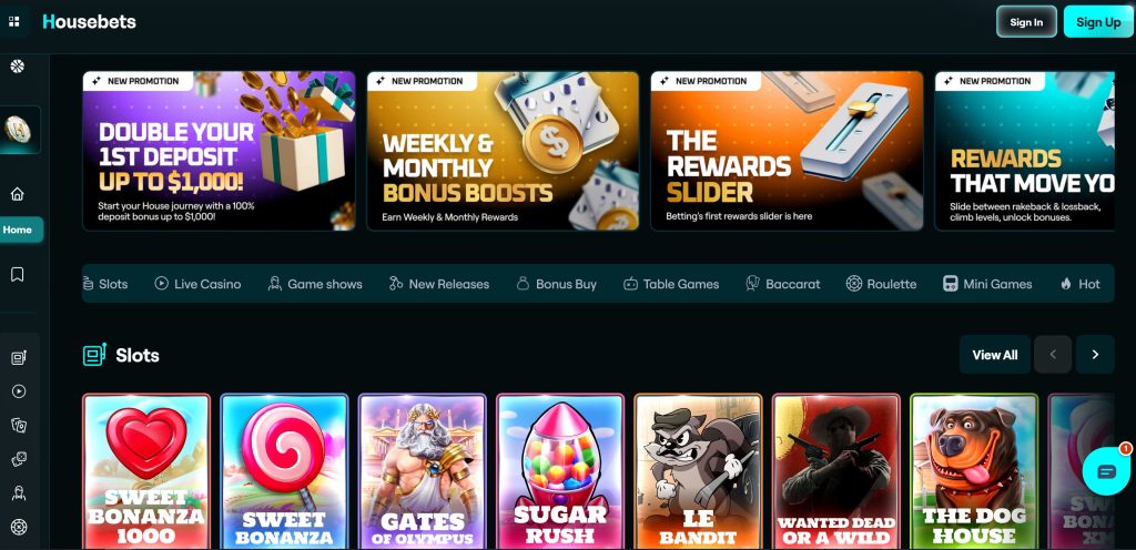 Housebets displays over 3,000 casino games in its collection, along with daily, weekly, and monthly bonuses for newbies