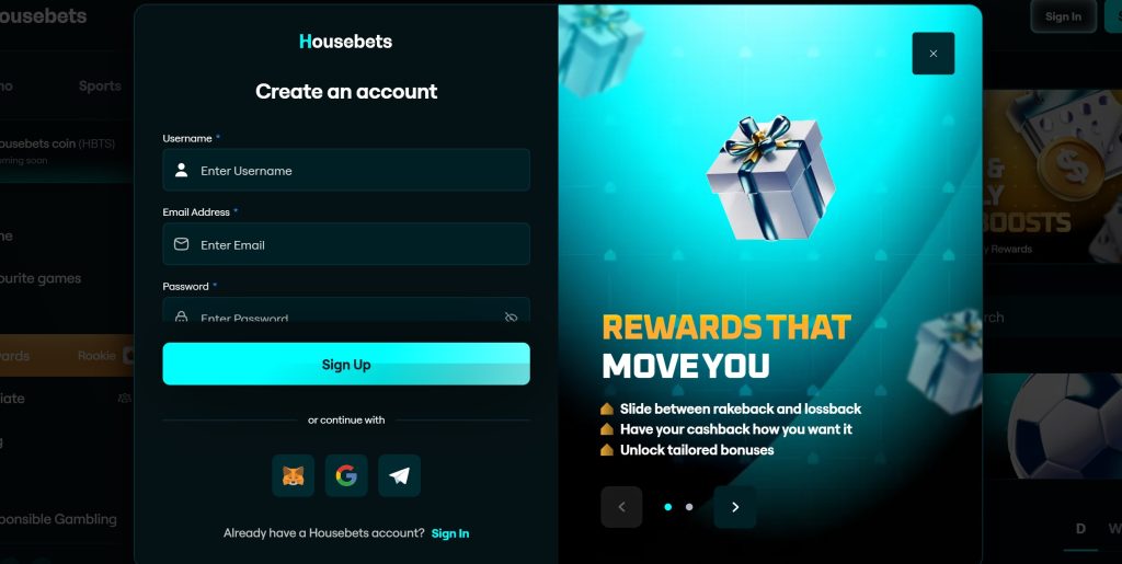 You can join Housebets Casino by filling out the sign-up form or by using your MetaMask wallet or Telegram account