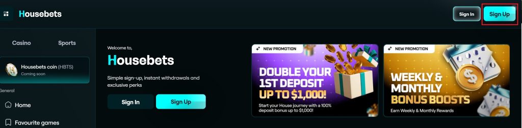 Housebets registration button can be found in the upper-righ corner of the site's main page