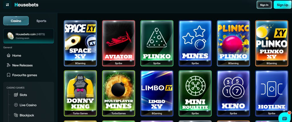 Provably fair games at Housebets include Plinko, Mines, Crash, Keno, and dozens of others