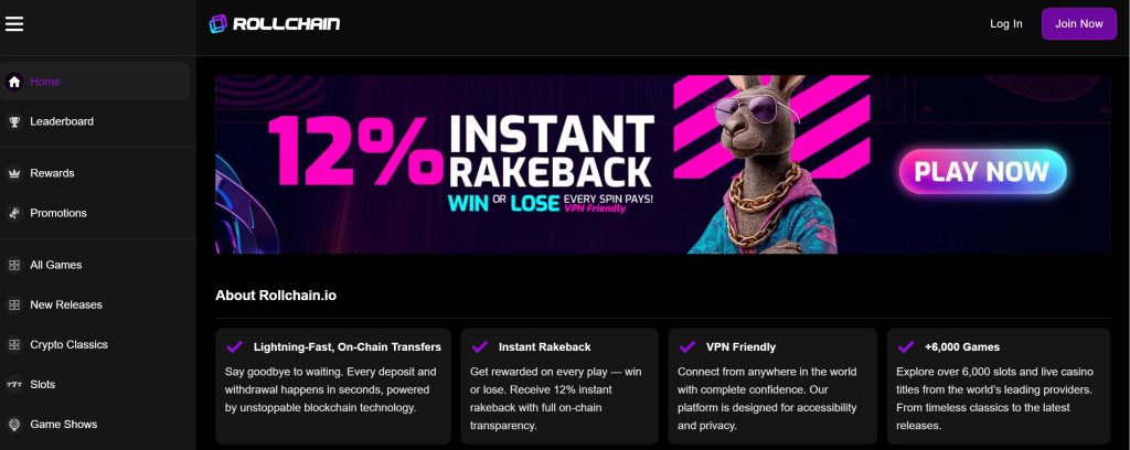Rollchain.io is a new crypto casino with a 12% instant rakeback system and over 6,000 games