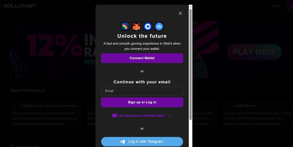 Registration options include Google accounts, Telegram integration, or crypto wallets