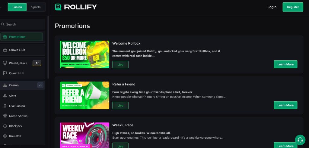 Rollify bonuses include the welcome rollbox, referral prizes, and weekly races