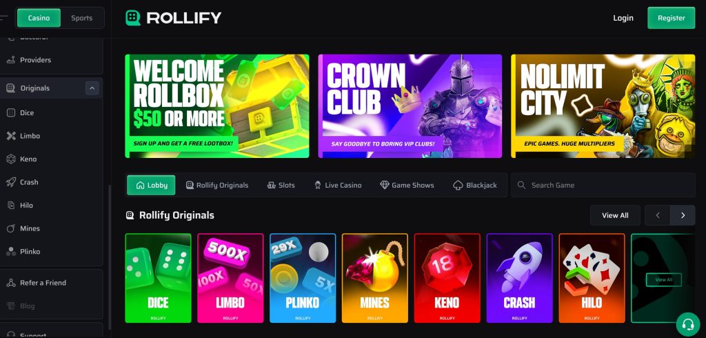 Rollify Casino main page, bonuses, and originals