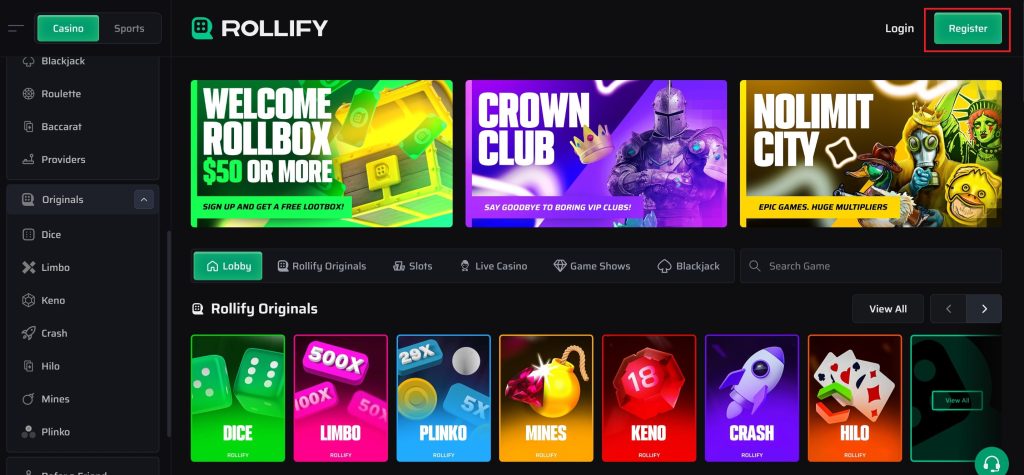 Rollify Casino Registration Button