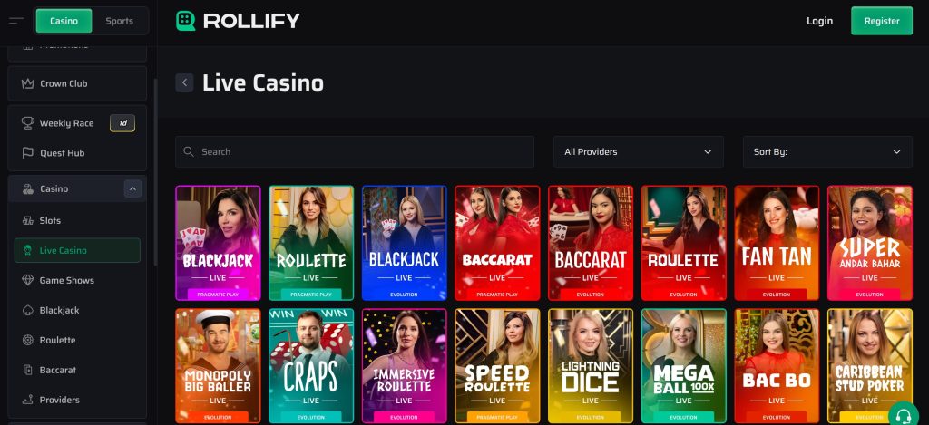 Live casino games at Rollify include everything from roulette to Craps, baccarat, blackjack, Fan Tan, and others