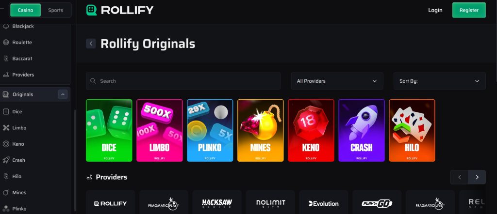 At Rollify, you can try 7 original games like Crash, Plinko, Mines, and Hi-Lo